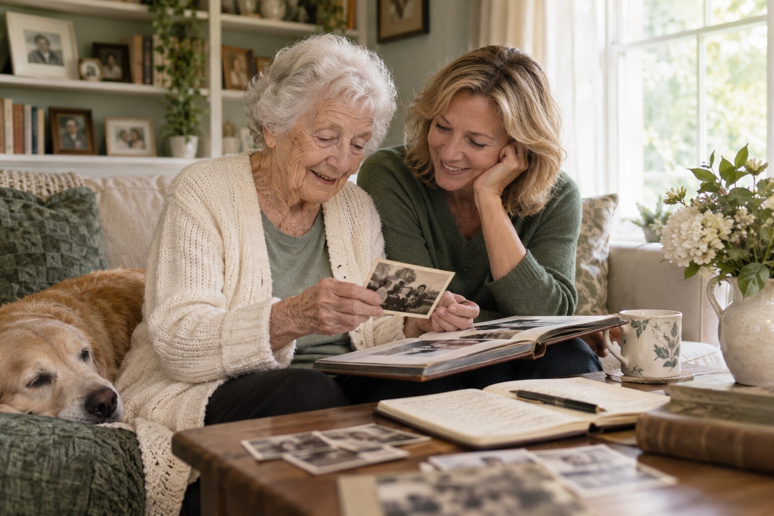 An older woman and an adult woman reviewing family photographs together