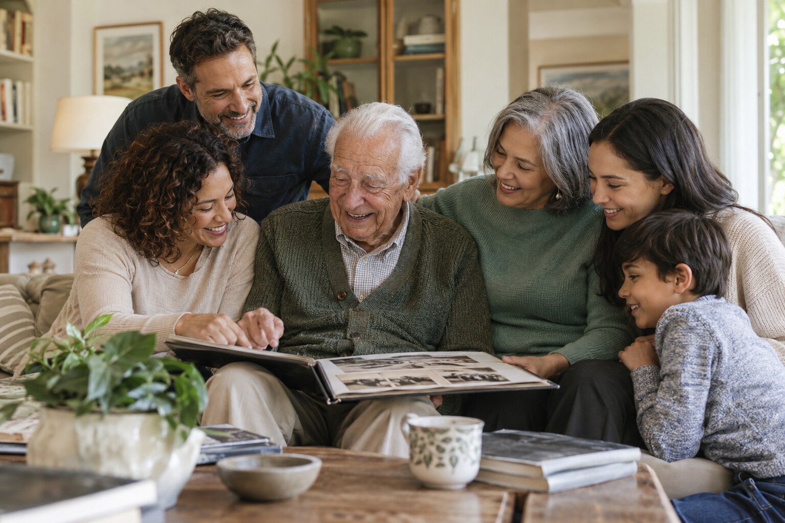 A multigenerational family gathered around an older man sharing photographs