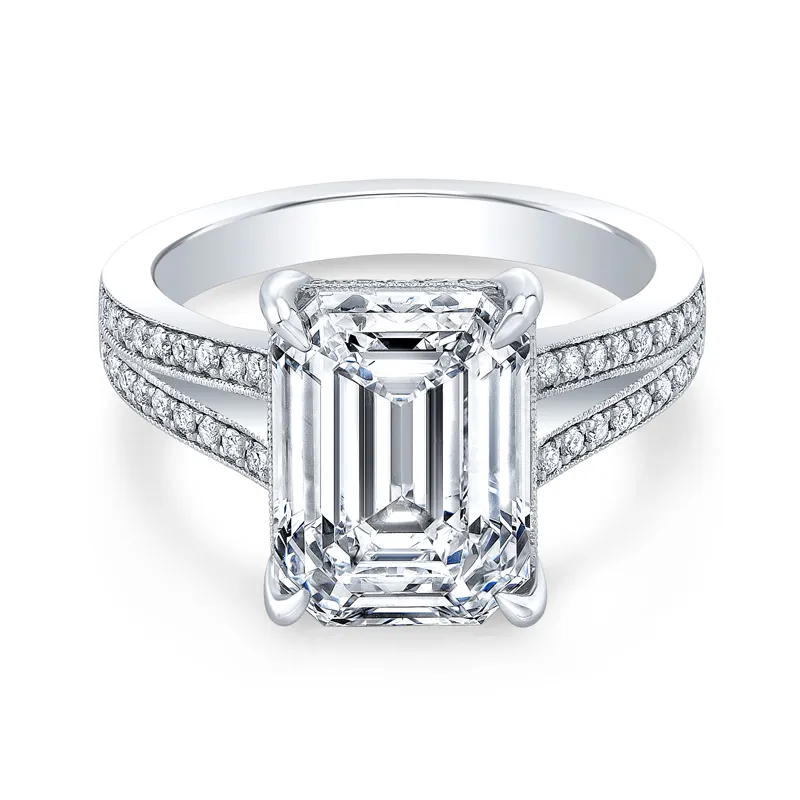 White Gold and Emerald-Cut Diamond Split-Shank Cathedral Engagement Ring