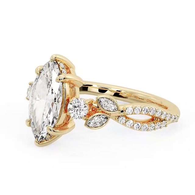 Yellow Gold Floral Twist Marquise Diamond Engagement Ring