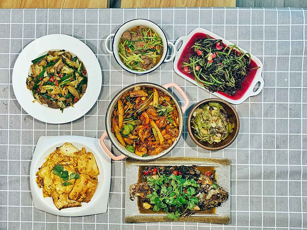 Many delicious Moroccan dishes served on a traditional table