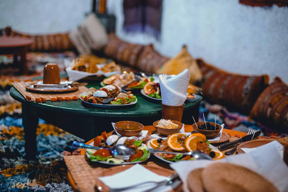 Traditional Moroccan tagine served in typical dining room at Marrakech