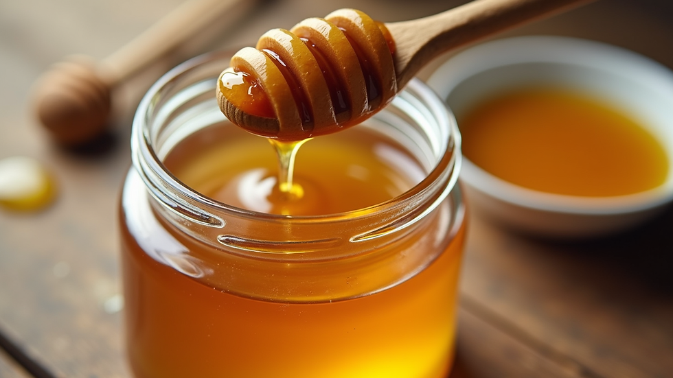 Eye-level view of a wooden spoon scooping golden multifloral honey from a glass jar
