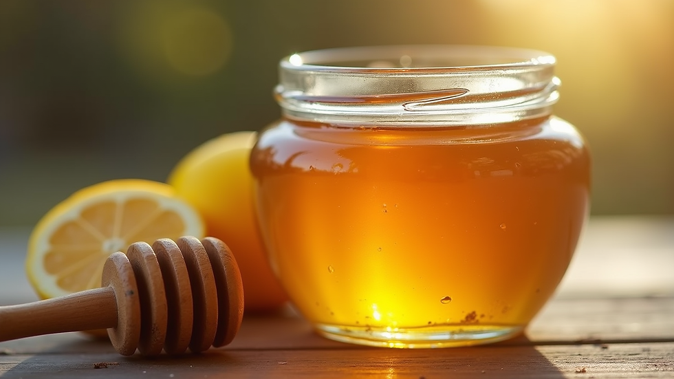 Close-up view of a jar of golden honey with a wooden honey dipper