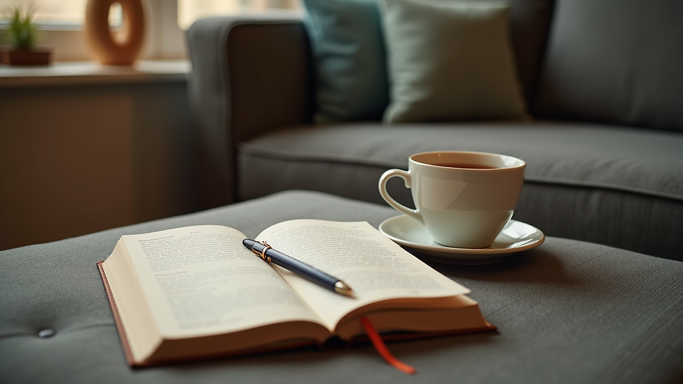 Eye-level view of a cozy corner with a journal and a cup of tea