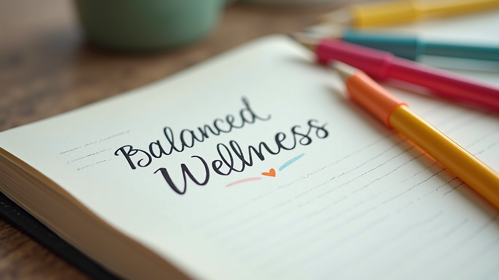 Close-up view of a balanced wellness journal with notes and colorful pens
