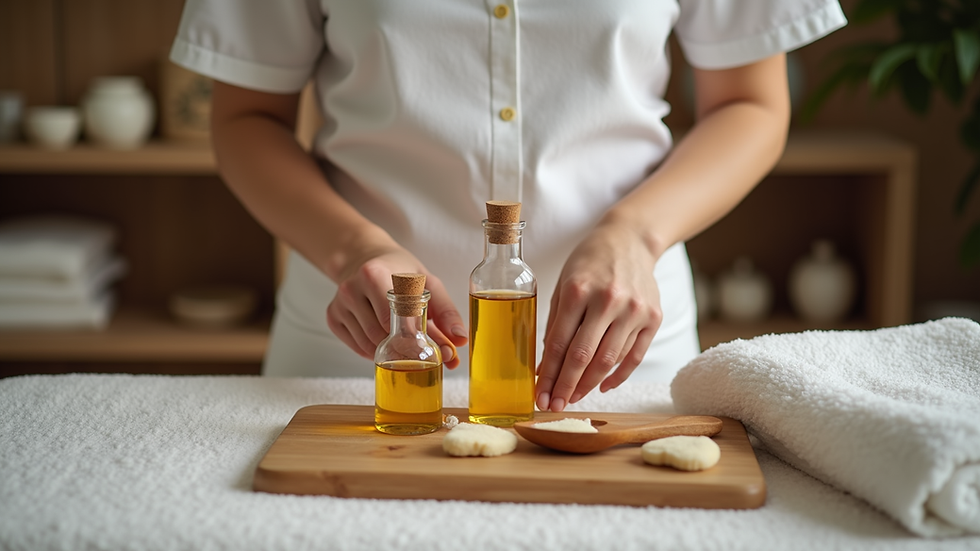 Close-up view of a professional therapist preparing massage oils and tools
