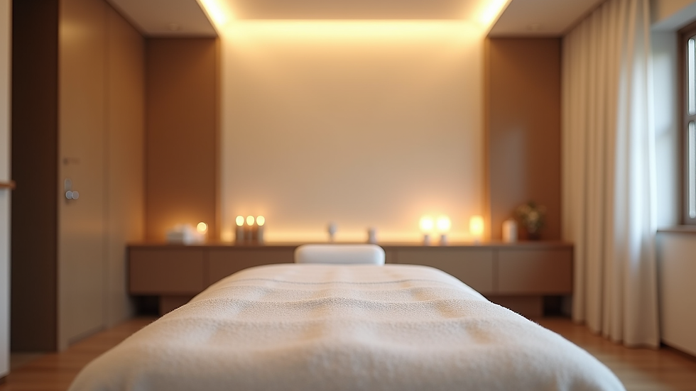 Eye-level view of a modern therapy room with massage table and soft lighting