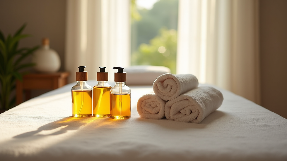 Eye-level view of massage table with therapeutic oils and towels