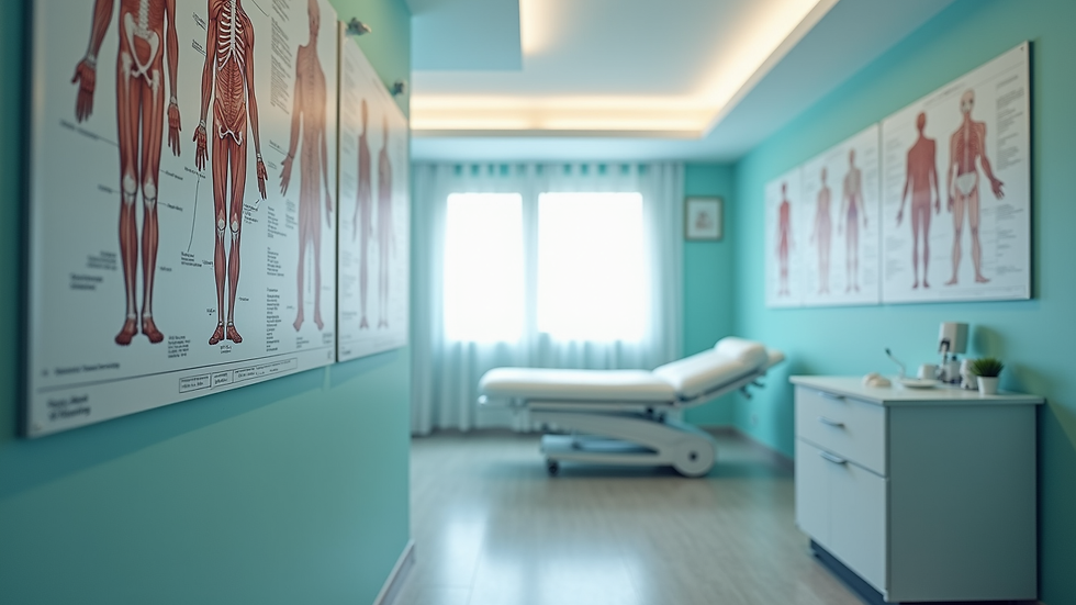 Eye-level view of a therapy room with anatomical charts on the wall