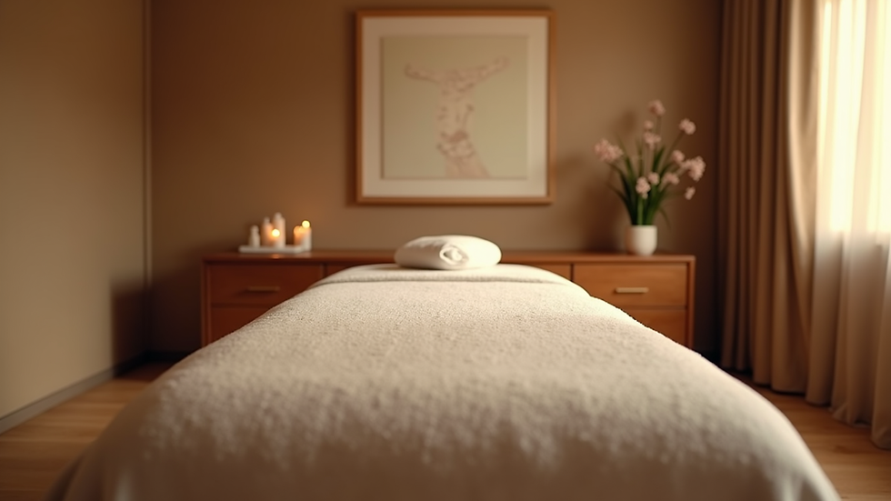 Eye-level view of a massage room with a neatly arranged massage table