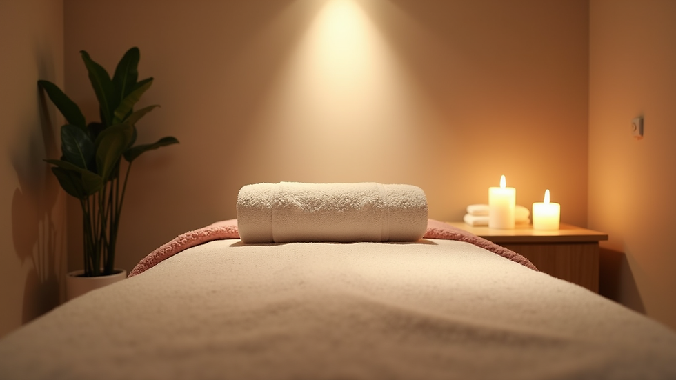 Eye-level view of a massage room setup with a massage table and soft lighting