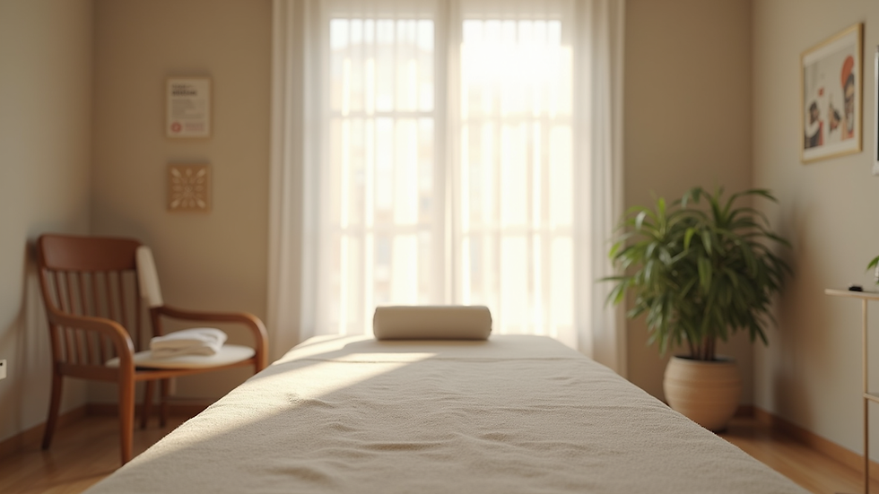 Eye-level view of a calm therapy room with massage table