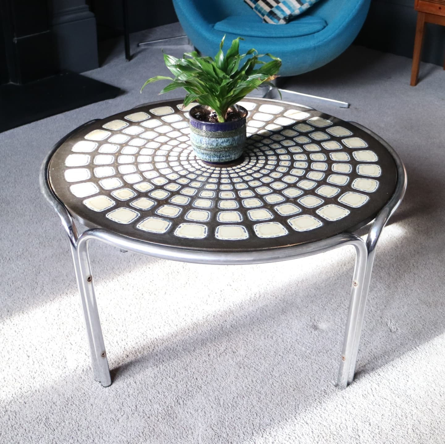 Vintage 1970s circular patterned chrome coffee table