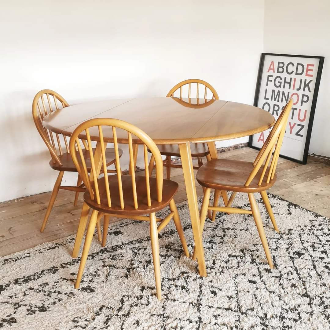 Vintage Mid Century Ercol Drop Leaf Dining Table and Windsor Chairs