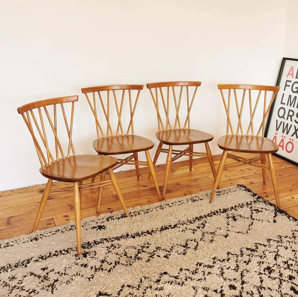 Thumbnail: Mid Century Ercol Round Drop Leaf Table and Four Ercol Candlestick Dining Chairs