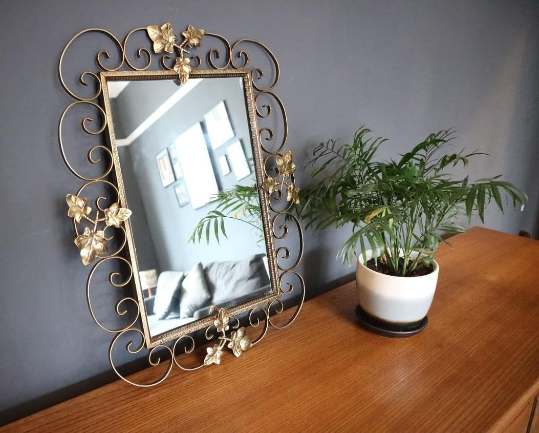 Vintage Mid Century Boho Brass Floral Mirror.