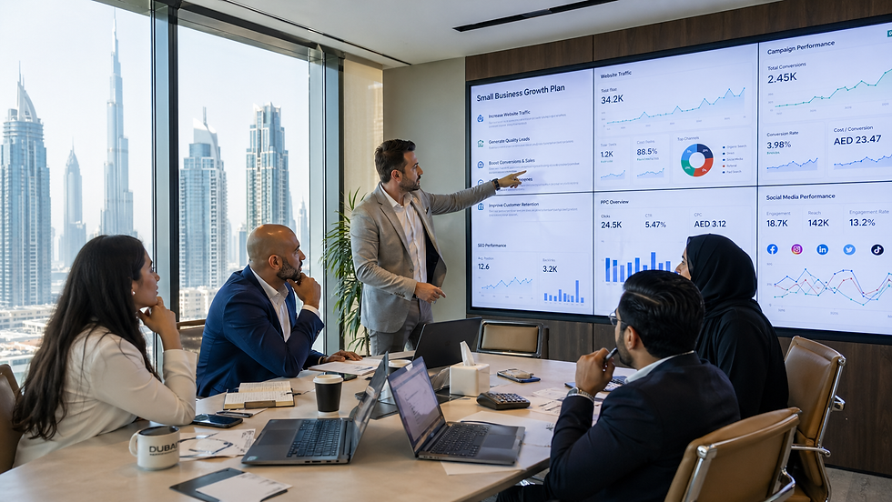 Team strategizes for small business growth in a high-rise office overlooking the Dubai skyline.