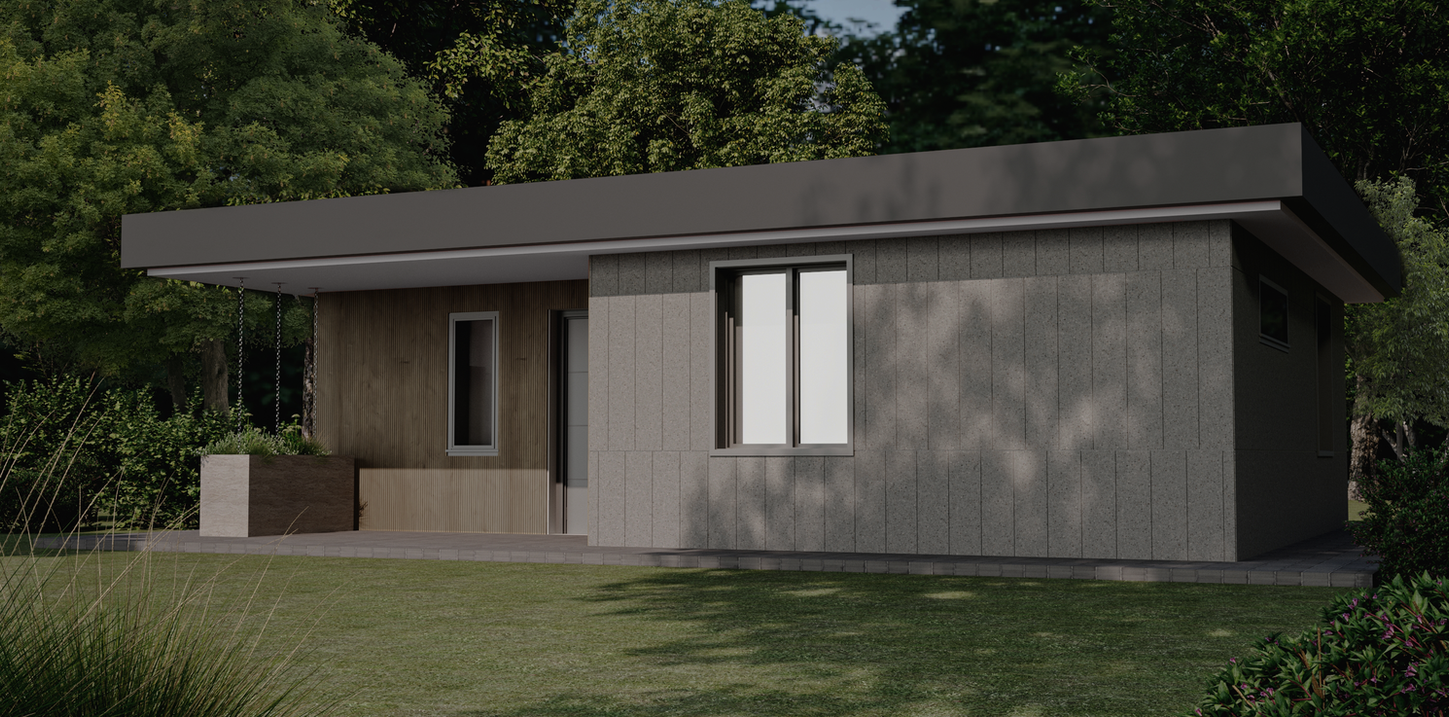 Внешняя перспектива гостевого домика «Кассини», демонстрирующая современную архитектуру гостевых домиков и компактный жилой дизайн.