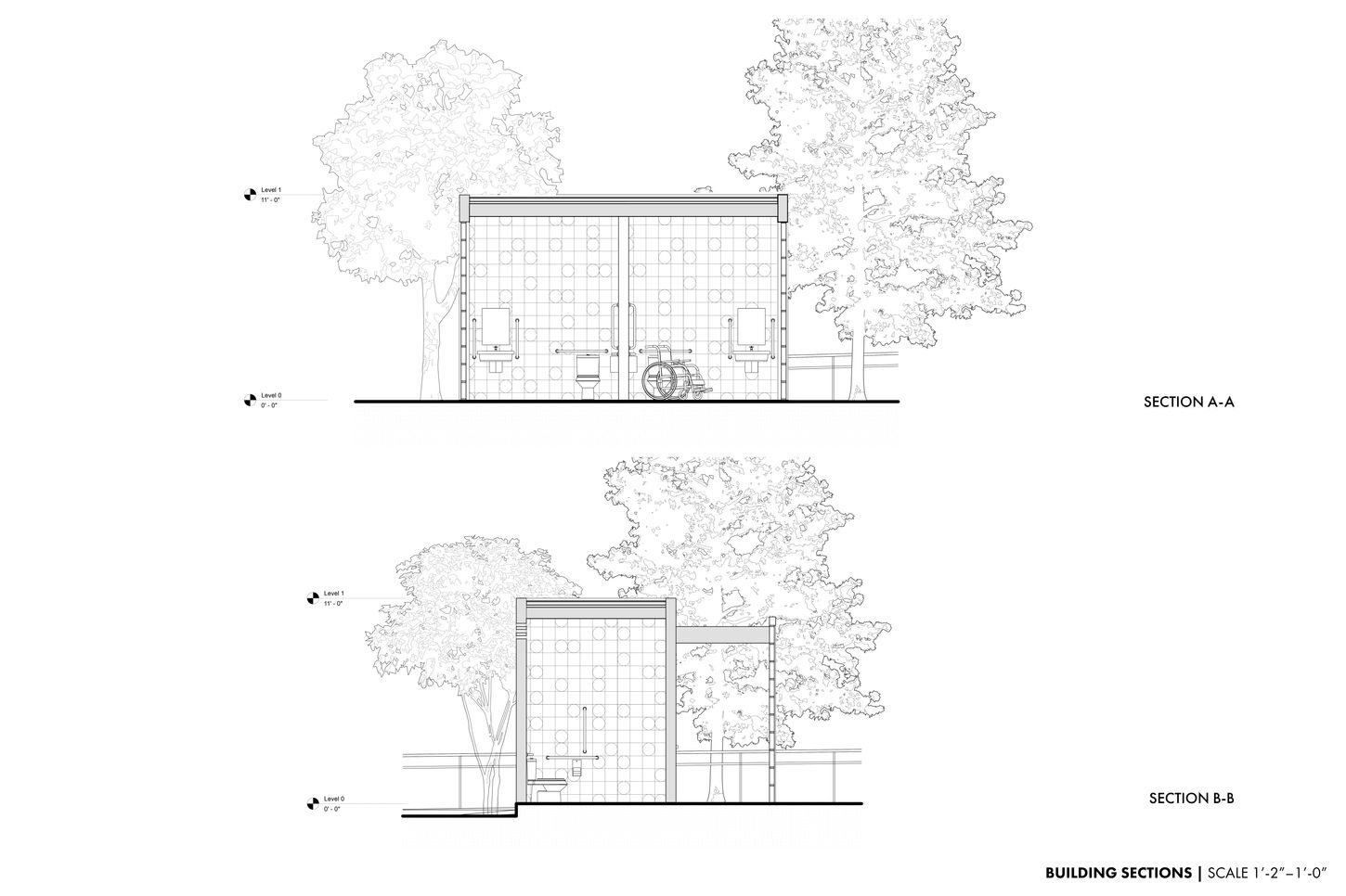 Архитектурные разрезы общественного туалета в стиле Баухаус, внутренняя планировка, конструкция и пространственные пропорции