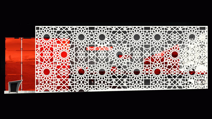 Parametric façade detail with perforated panels and lighting at Pushkinsky Cinema.