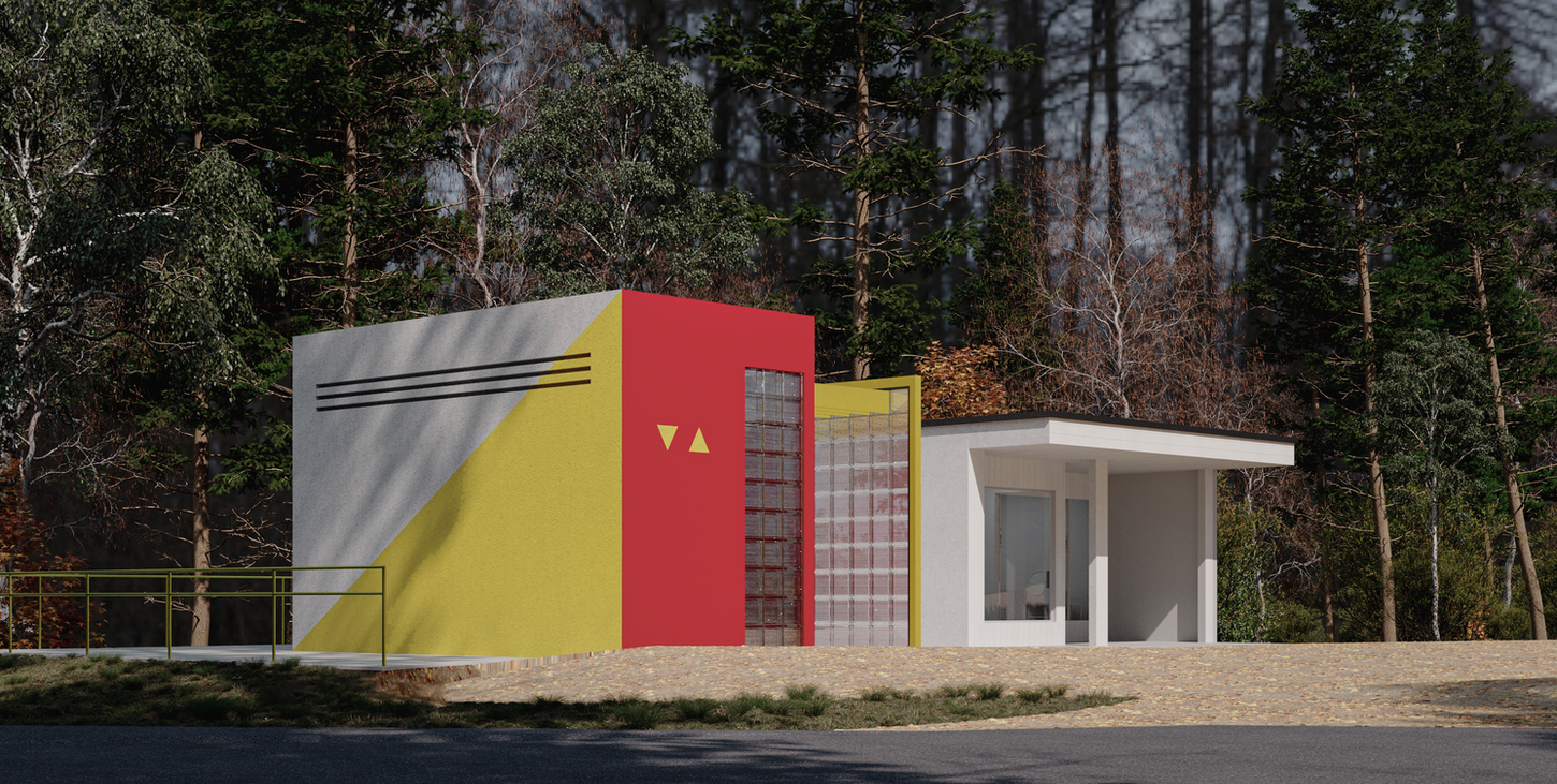 Общественный туалет в стиле Баухаус рядом с существующим гаражом, вид с главной дороги, фасад из стеклоблоков и яркий цветовой объём