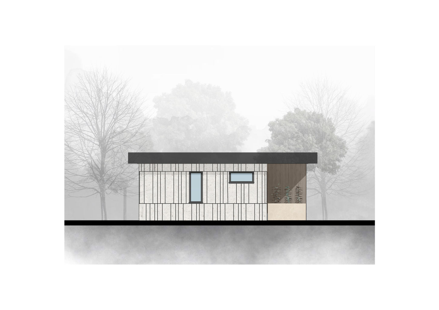 Чертёж левого бокового фасада гостевого домика «Кассини», иллюстрирующий пропорции современного гостевого домика.