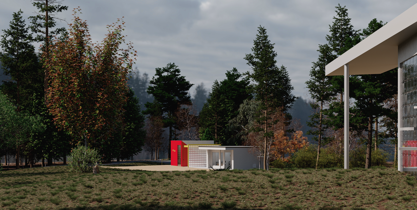 Общественный туалет в стиле Баухаус, вид от Gropius House в ландшафте, минималистичный кубический объём, интегрированный в участок