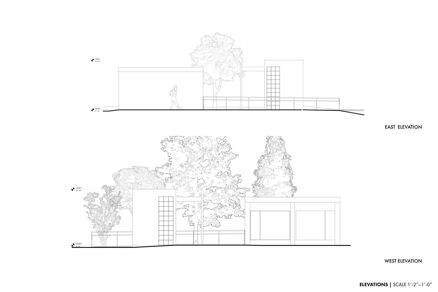 Северный и южный фасады общественного туалета в стиле Баухаус, геометрический фасад, стеклоблоки и материальная композиция