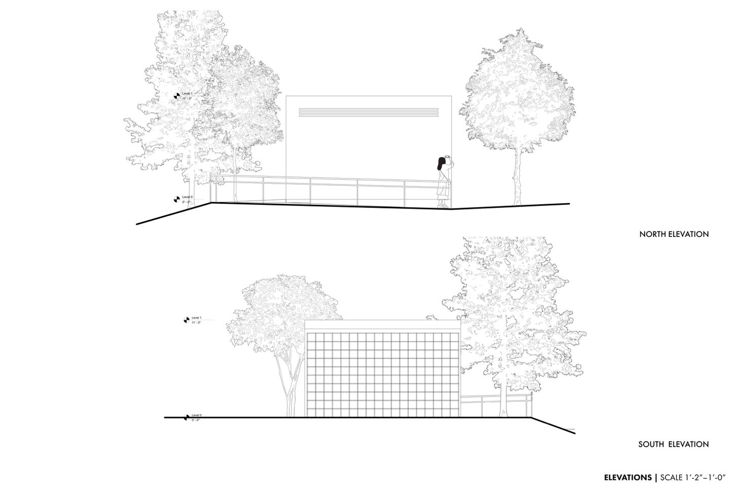 Восточный и западный фасады общественного туалета, минималистичный кубический объём, сочетание глухих и полупрозрачных поверхностей