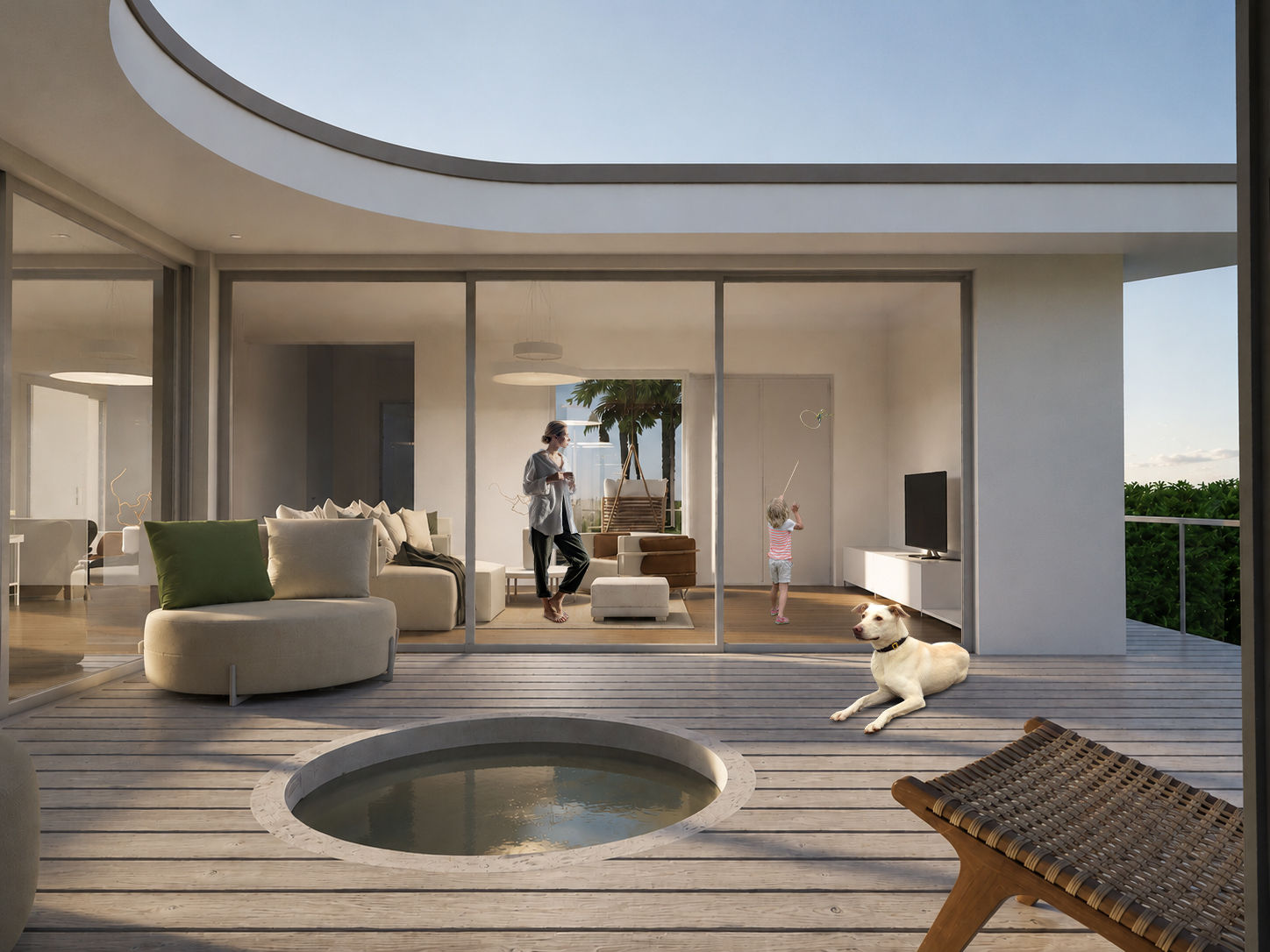 The terrace: summertime version with the pond