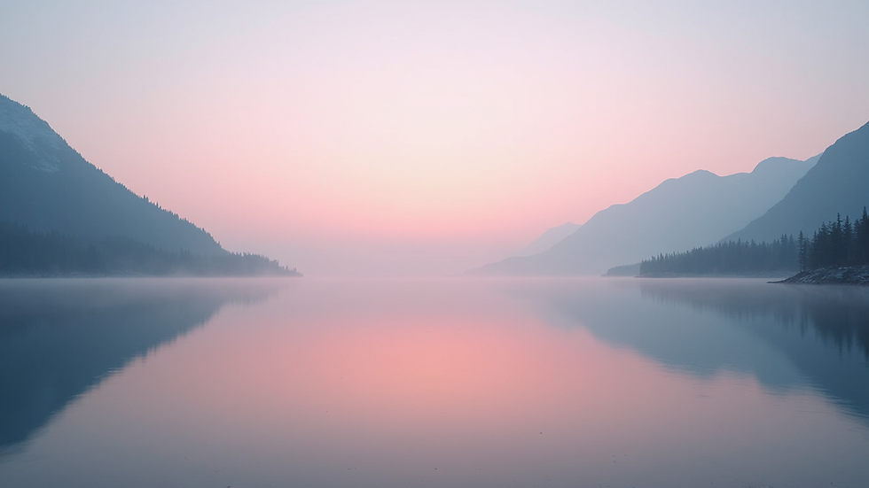 Eye-level view of a calm lake reflecting a pastel-coloured sky at dawn
