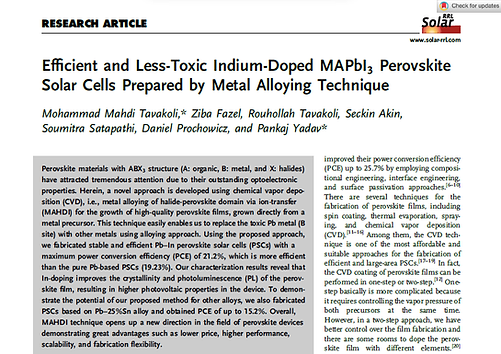 Efficient and Less-Toxic Indium-Doped MAPbI3PerovskiteSolar Cells Prepared by Metal Alloyi