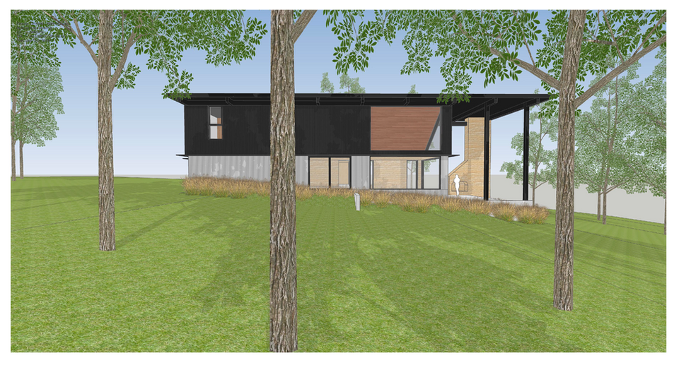 A modern two-story house features a brick and glass facade with steps leading to the entrance, surrounded by greenery and trees.