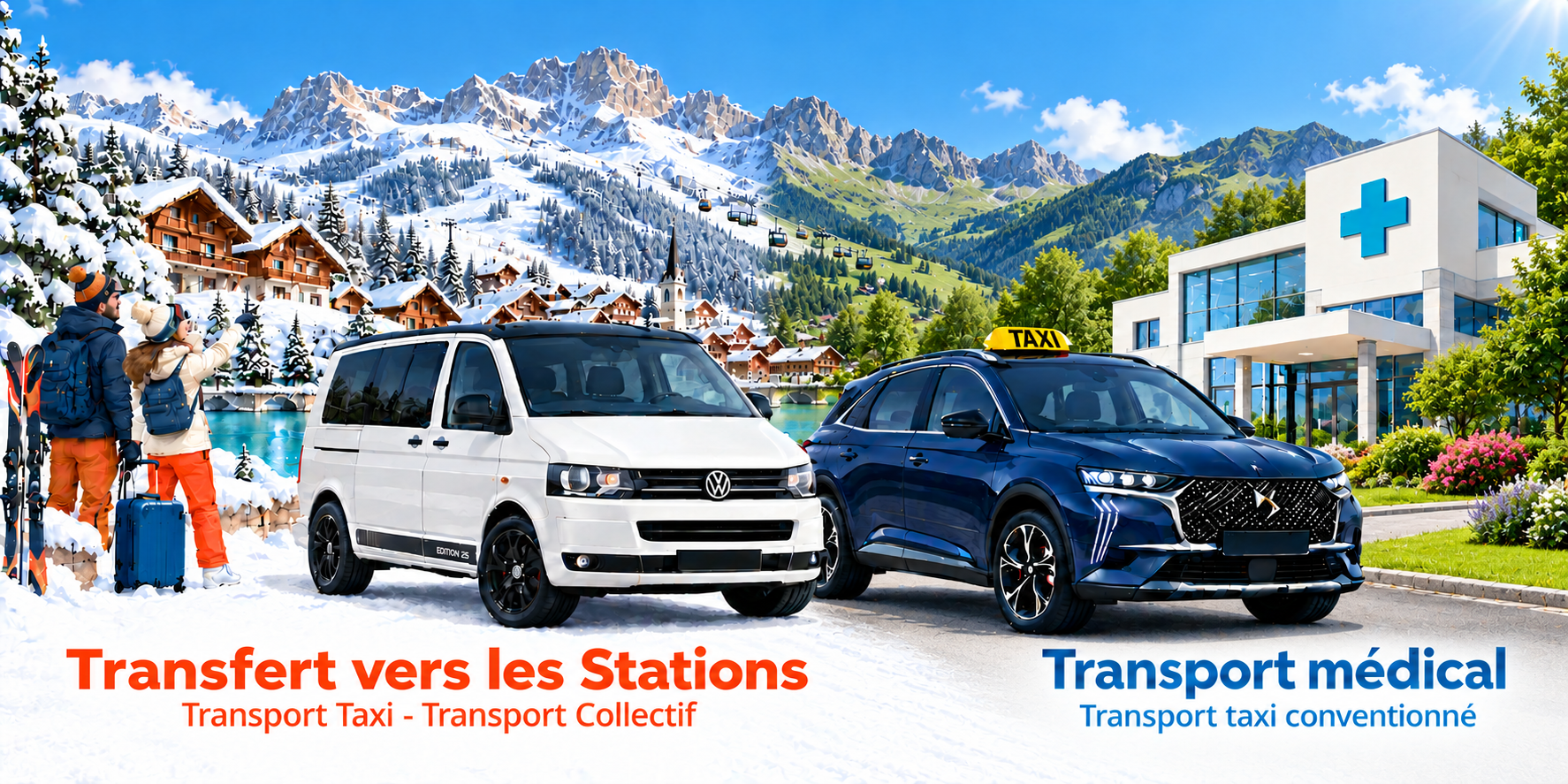 Transfert vers les Stations : Transport Taxi - Transport Collectif, avec van Volkswagen T5 blanc et paysage hivernal à gauche. Transport médical : Transport taxi conventionné, avec DS 7 bleu nuit au lumineux TAXI jaune et paysage estival à droite.