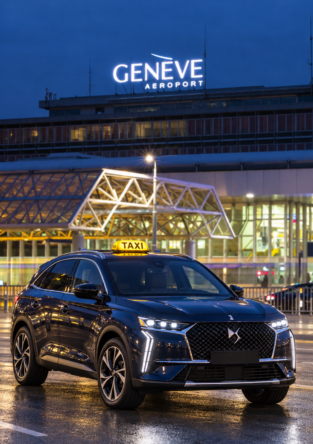 DS 7 bleue avec lumineux taxi jaune devant l’aéroport de Genève