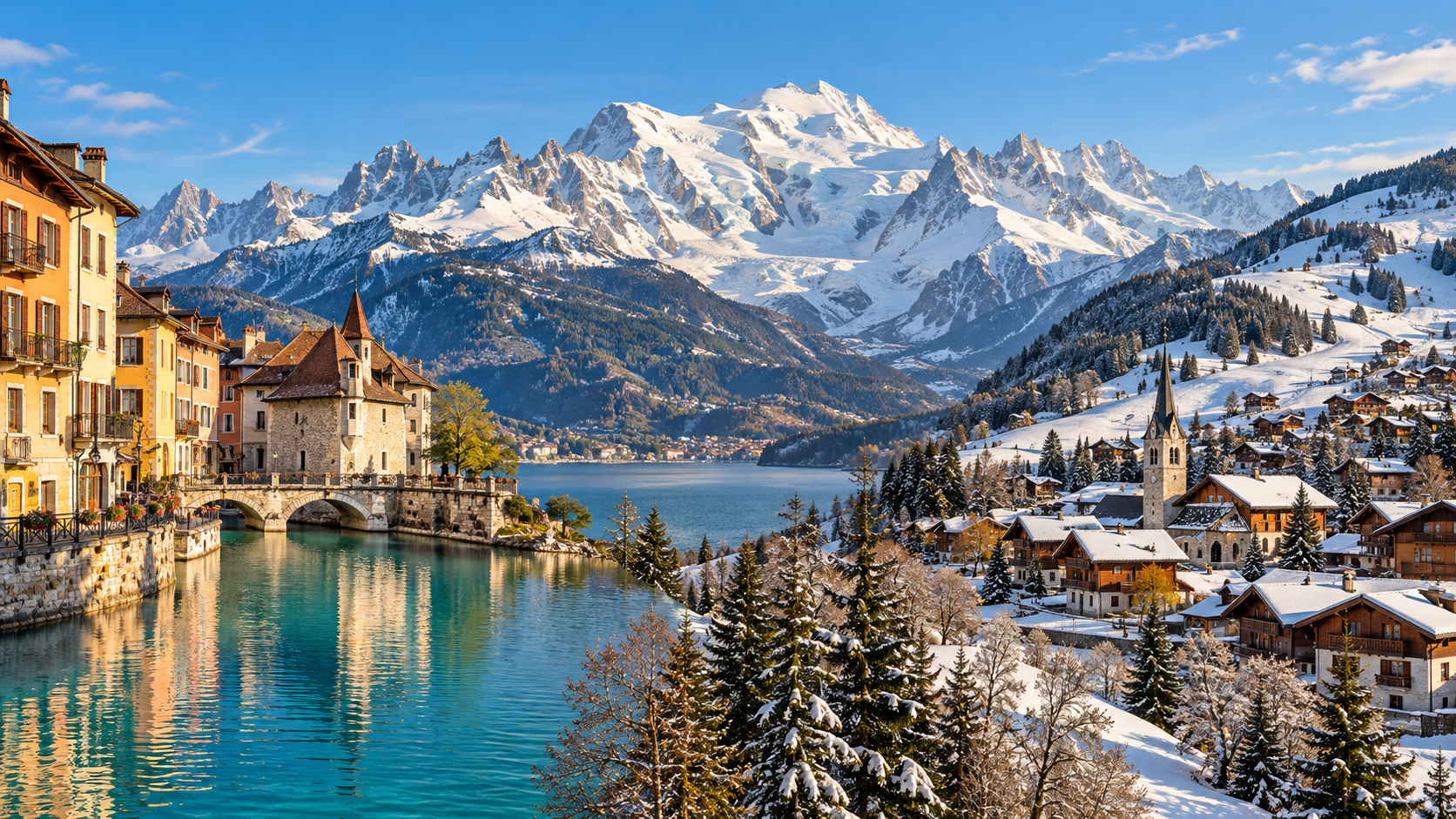 Montage illustratif des paysages de Haute-Savoie : Annecy, Mont-Blanc et village des Aravis