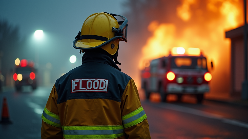 Eye-level view of a firefighter wearing Richard Flood's apparel