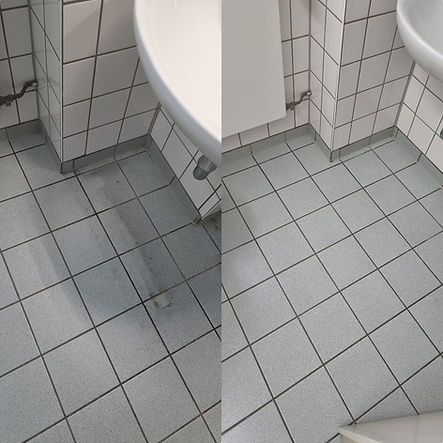 Vorher-Nachher-Vergleich einer professionellen Sanitärgrundreinigung eines stark verschmutzten Bodens durch Profi-Clean