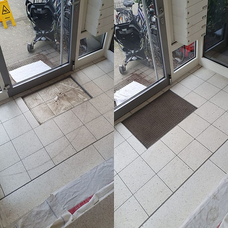Vorher-Nachher-Vergleich einer professionellen Grundreinigung eines stark verschmutzten Treppenhauses durch Profi-Clean