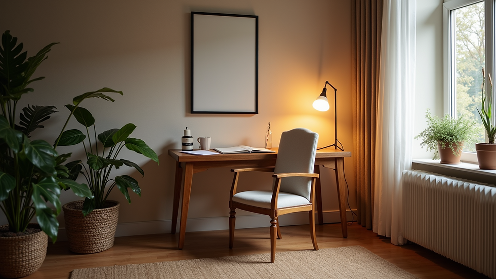 High angle view of a peaceful writing space with a cozy chair and a small table