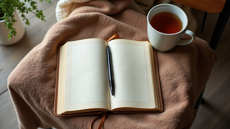 High angle view of a cozy corner with a journal, pen, and a cup of herbal tea