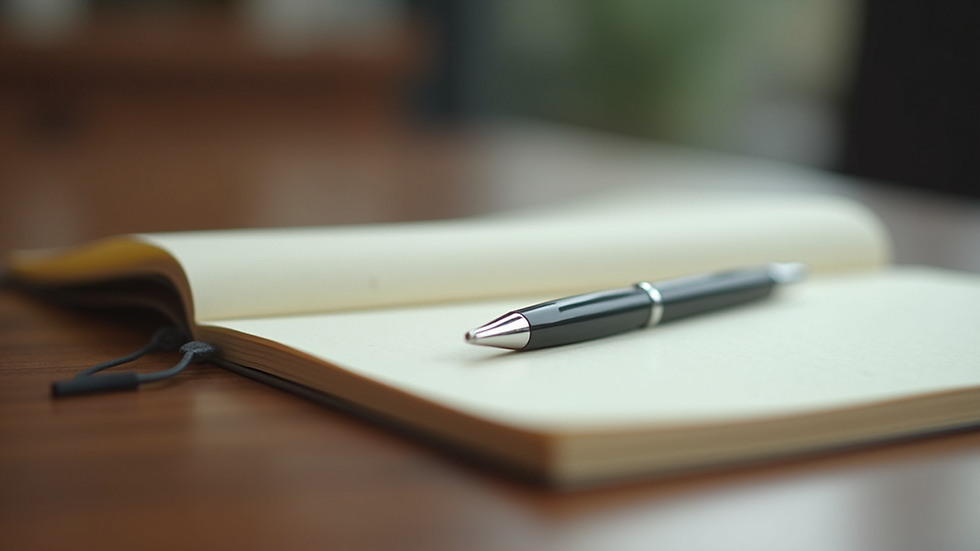 Close-up view of a journal and pen on a wooden table
