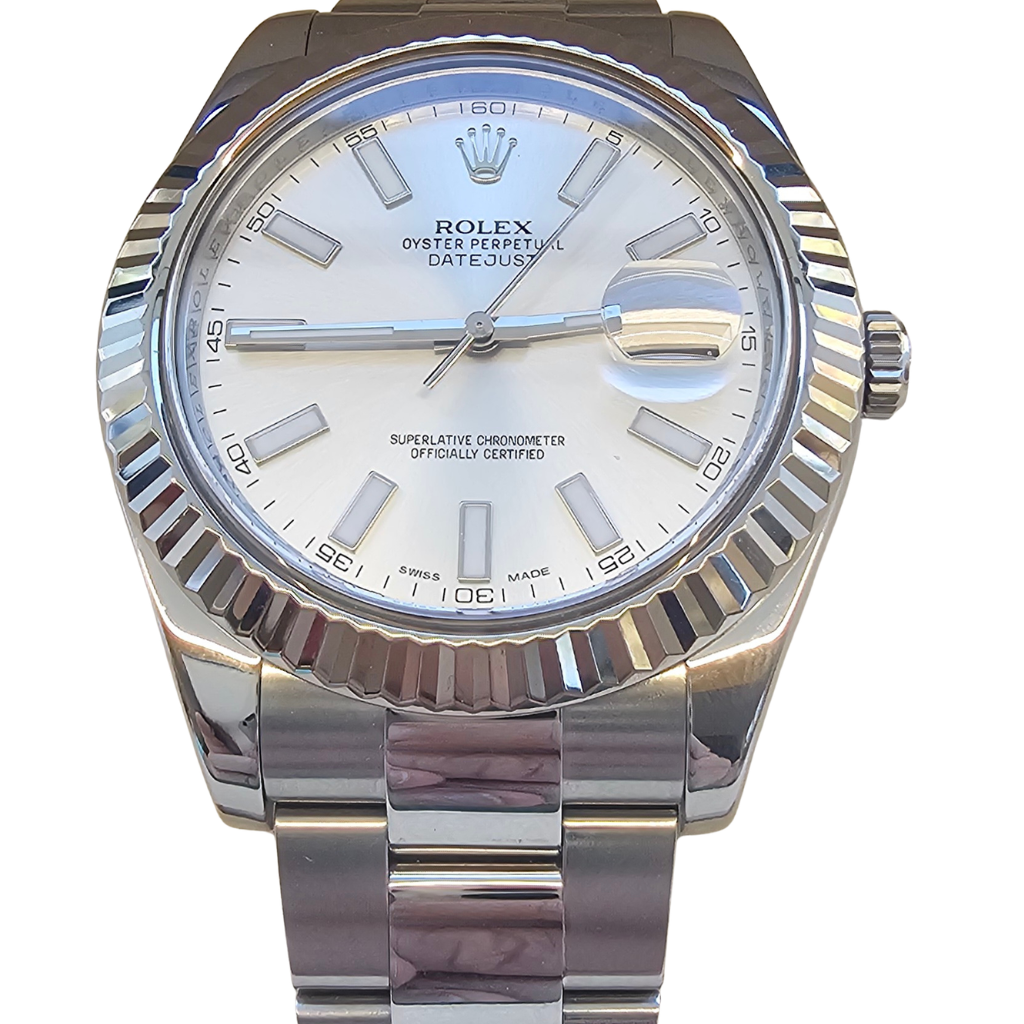 ROLEX DATEJUST 41MM 18K WHITE GOLD BEZEL 116334 SILVER DIAL OYSTER BXO & COA