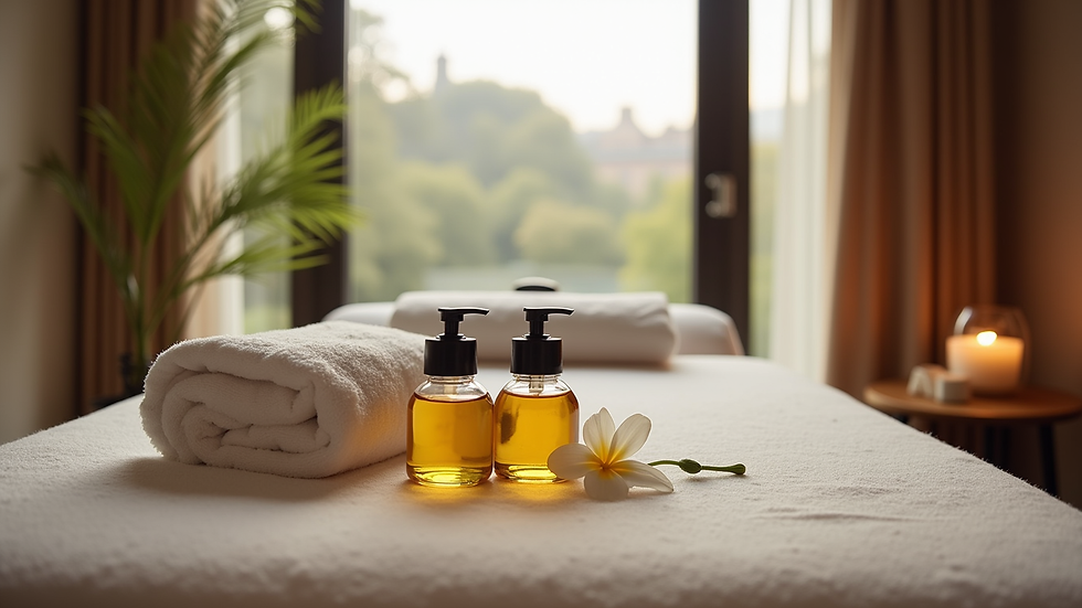 Close-up view of massage table setup with oils and towels in Glasgow city centre