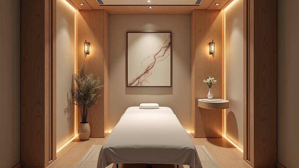 High angle view of sports massage room with massage table and equipment