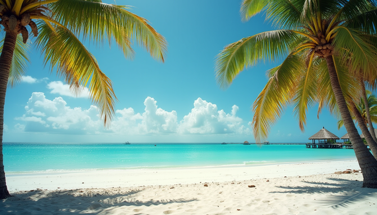 Eye-level view of a sunlit beach with turquoise water and palm trees swaying gently