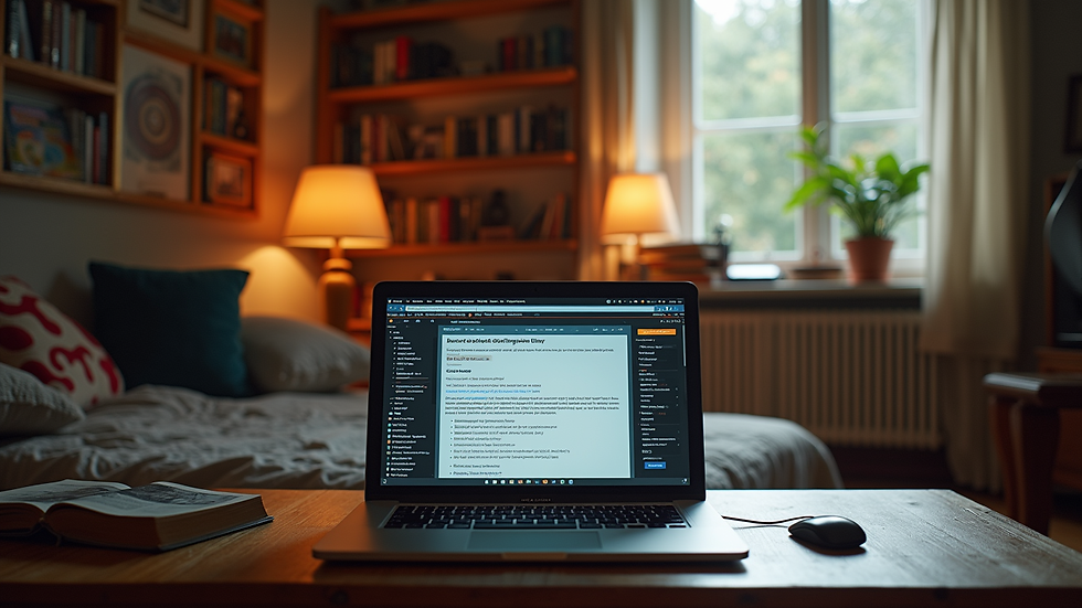 Eye-level view of a cozy room with sci-fi books and a laptop open to a forum page