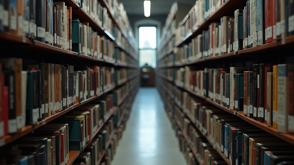 High angle view of a UK library aisle filled with speculative fiction books