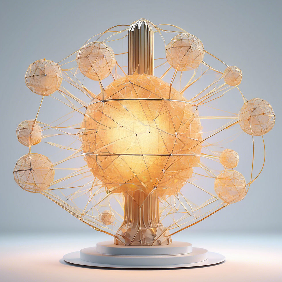 Golden geometric sphere with radiating wires and smaller spheres on a light gray background. Futuristic, abstract, and intricate design.